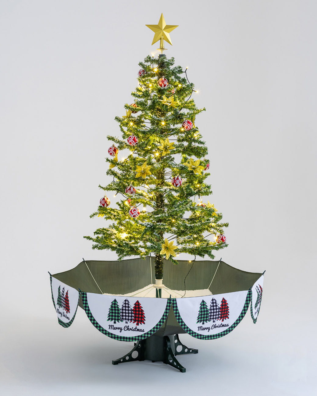 Árvore de Natal Grande, Base Guarda-Chuva com Neve, Iluminação, Música 190 x 115