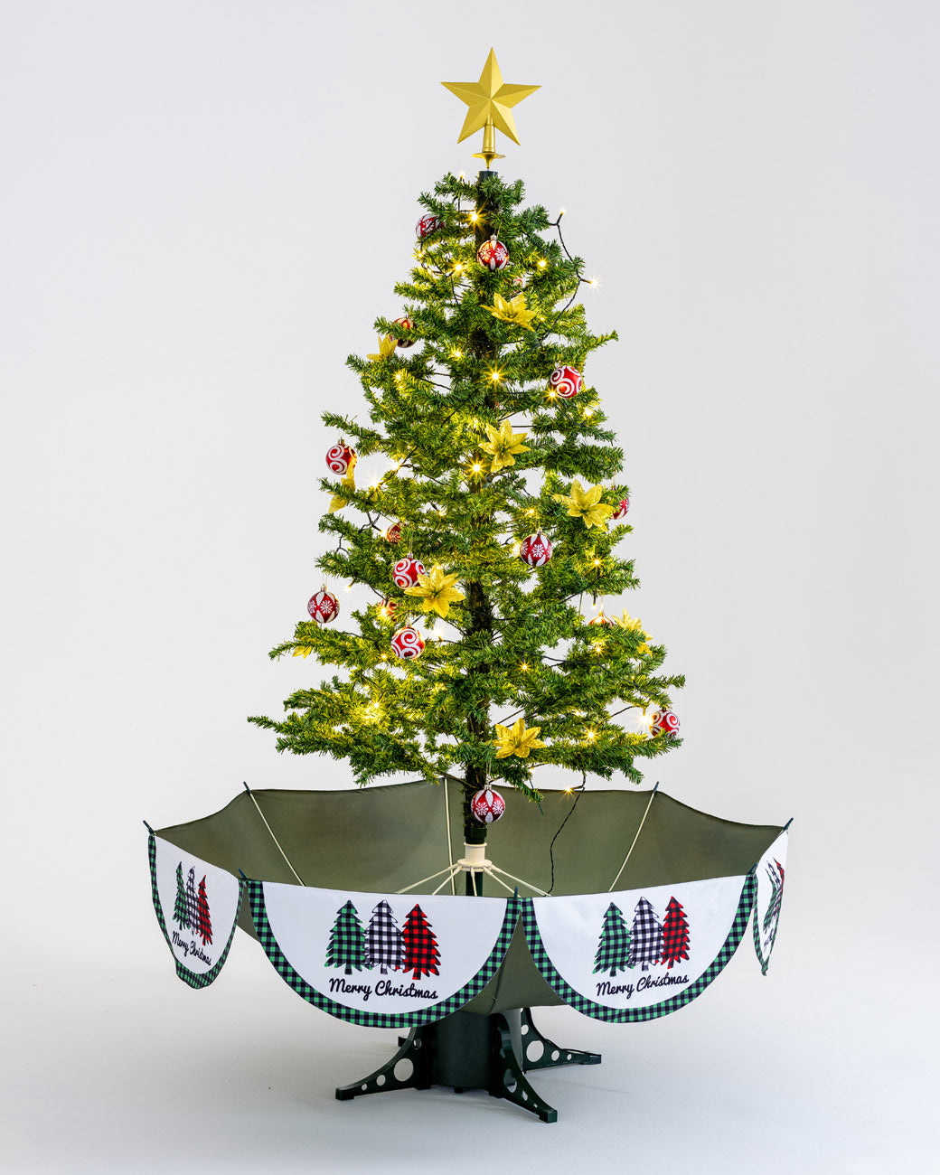 Árvore de Natal Grande, Base Guarda-Chuva com Neve, Iluminação, Música 190 x 115